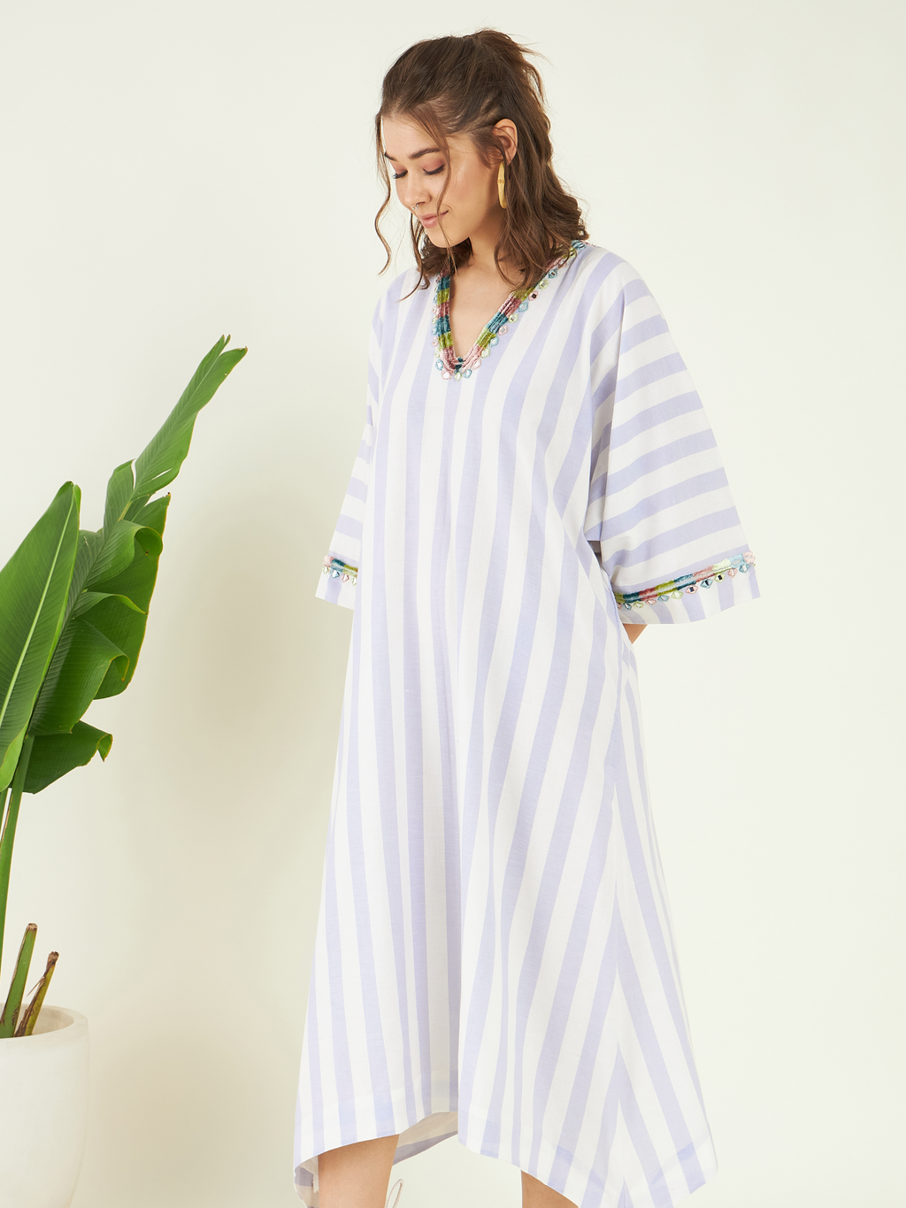 Purple Office Wear Cotton Kaftan at Kamakhyaa by Bohobi. This item is 100% Cotton, Cotton Mulmul, Kaftans, Office Wear, Purple, Relaxed Fit, Stripes, Toxin free