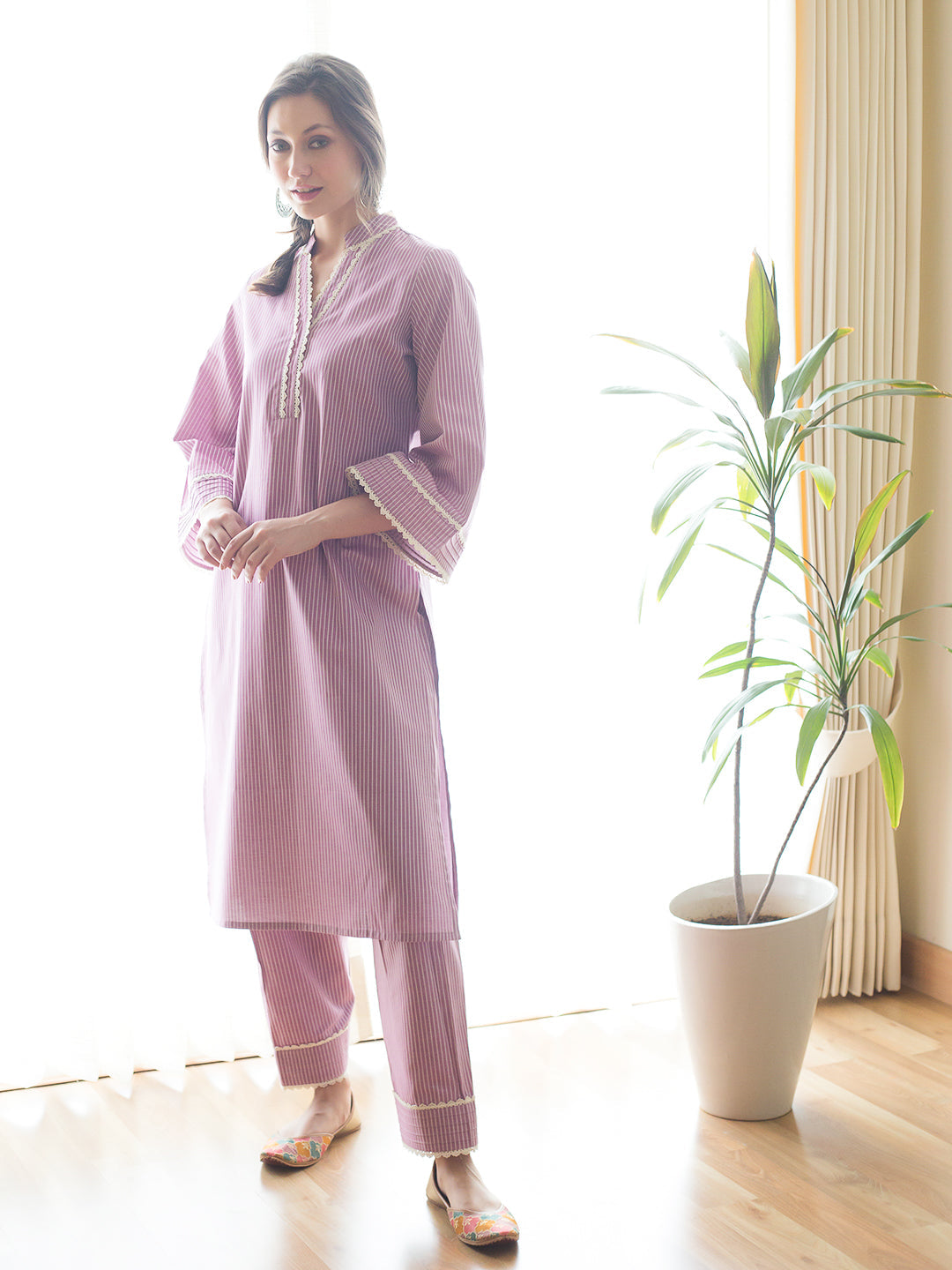 Purple Office Wear Kurta Set at Kamakhyaa by RoohbyRidhimaa. This item is Cotton, Kurta Sets, Lacework, Office Wear, Purple, Relaxed Fit, Toxin free