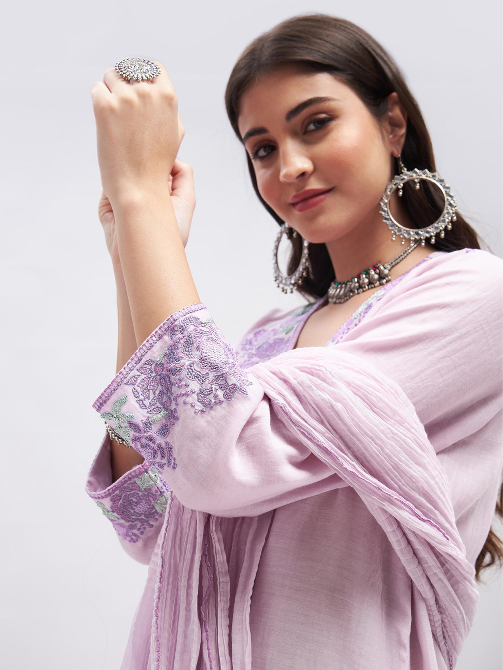 Purple Resham Embroidered Kurta Set with Dupatta at Kamakhyaa by RoohbyRidhimaa. This item is Casual Wear, Chanderi Silk, Cotton, Dupattas, Embroidered, Kurta Set with Dupattas, Kurta Sets, Lilac, Purple, Relaxed Fit, Resham, Resham Embroidery, Silk Chanderi, Toxin free