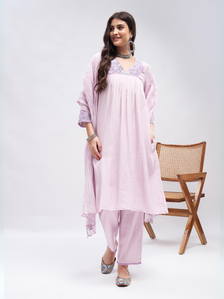 Purple Resham Embroidered Kurta Set with Dupatta at Kamakhyaa by RoohbyRidhimaa. This item is Casual Wear, Chanderi Silk, Cotton, Dupattas, Embroidered, Kurta Set with Dupattas, Kurta Sets, Lilac, Purple, Relaxed Fit, Resham, Resham Embroidery, Silk Chanderi, Toxin free