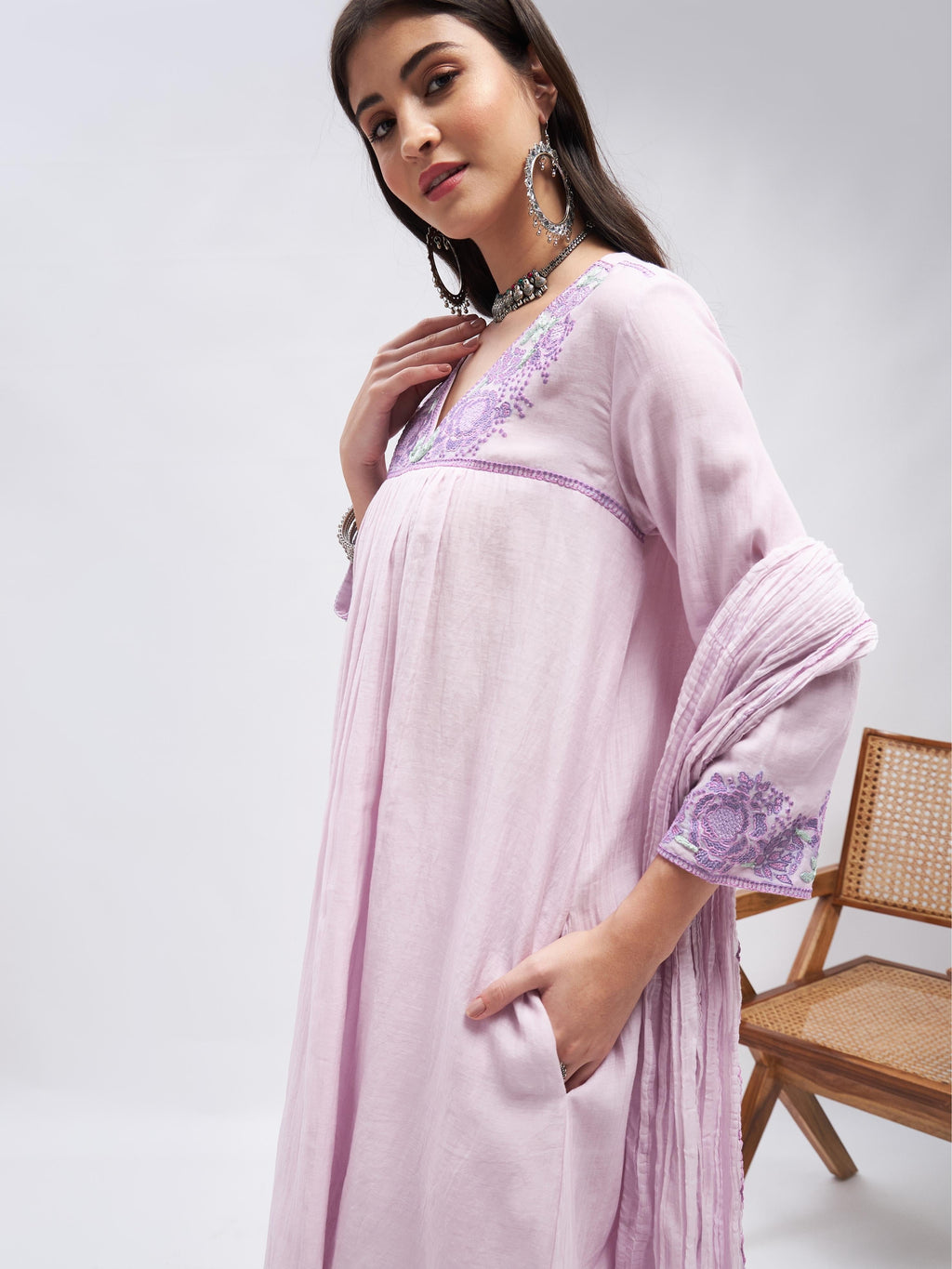 Purple Resham Embroidered Kurta Set with Dupatta at Kamakhyaa by RoohbyRidhimaa. This item is Casual Wear, Chanderi Silk, Cotton, Dupattas, Embroidered, Kurta Set with Dupattas, Kurta Sets, Lilac, Purple, Relaxed Fit, Resham, Resham Embroidery, Silk Chanderi, Toxin free