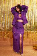 Purple Silk Jacket With Skirt Co-Ord Set at Kamakhyaa by Chambray & Co.. This item is Chambray & Co, Complete Sets, Embroidered, Moon Child, Natural, Party Wear, Purple, Regular Fit, Silk, Top Skirt Sets, Womenswear