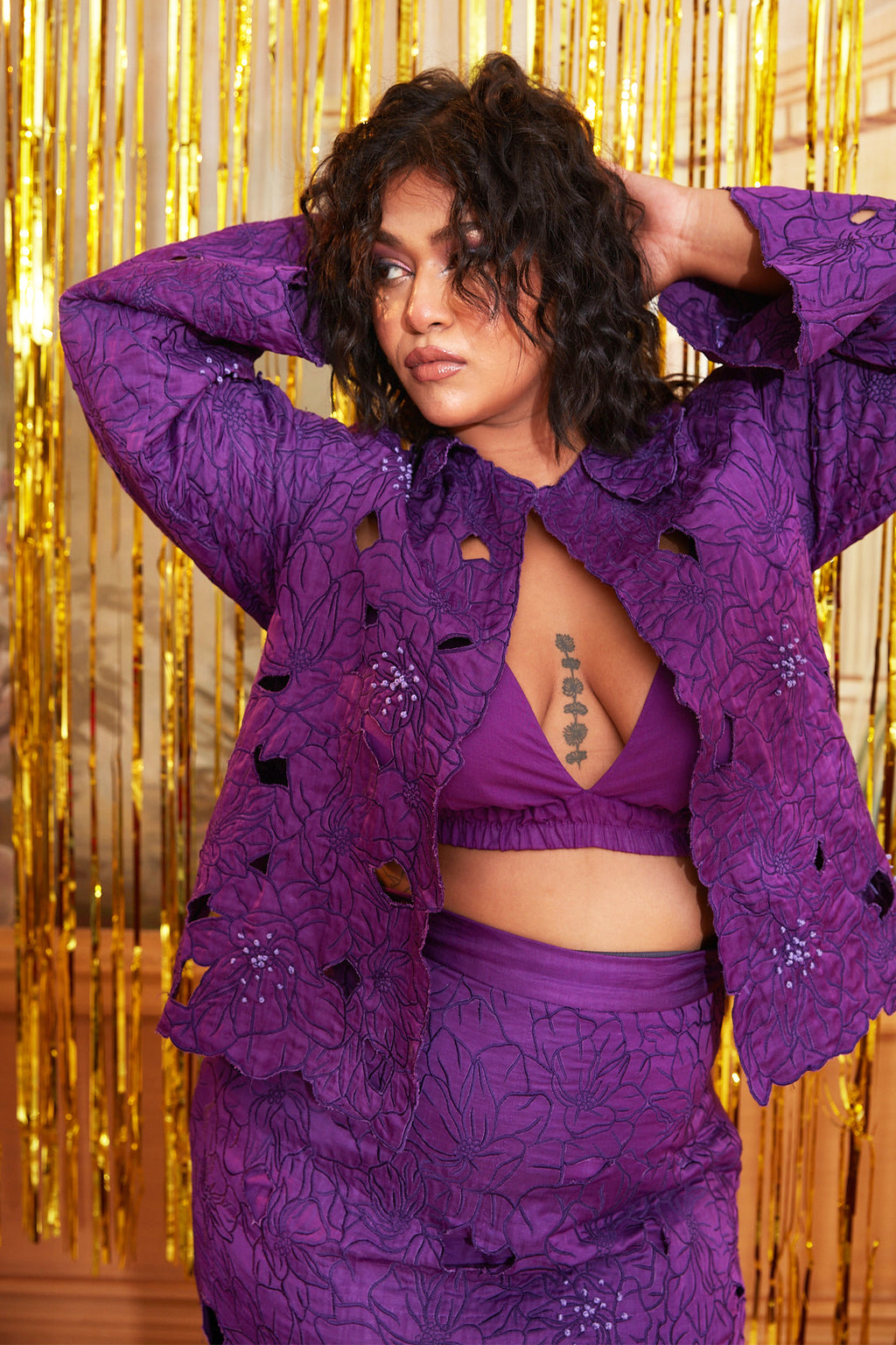 Purple Silk Jacket With Skirt Co-Ord Set at Kamakhyaa by Chambray & Co.. This item is Chambray & Co, Complete Sets, Embroidered, Moon Child, Natural, Party Wear, Purple, Regular Fit, Silk, Top Skirt Sets, Womenswear