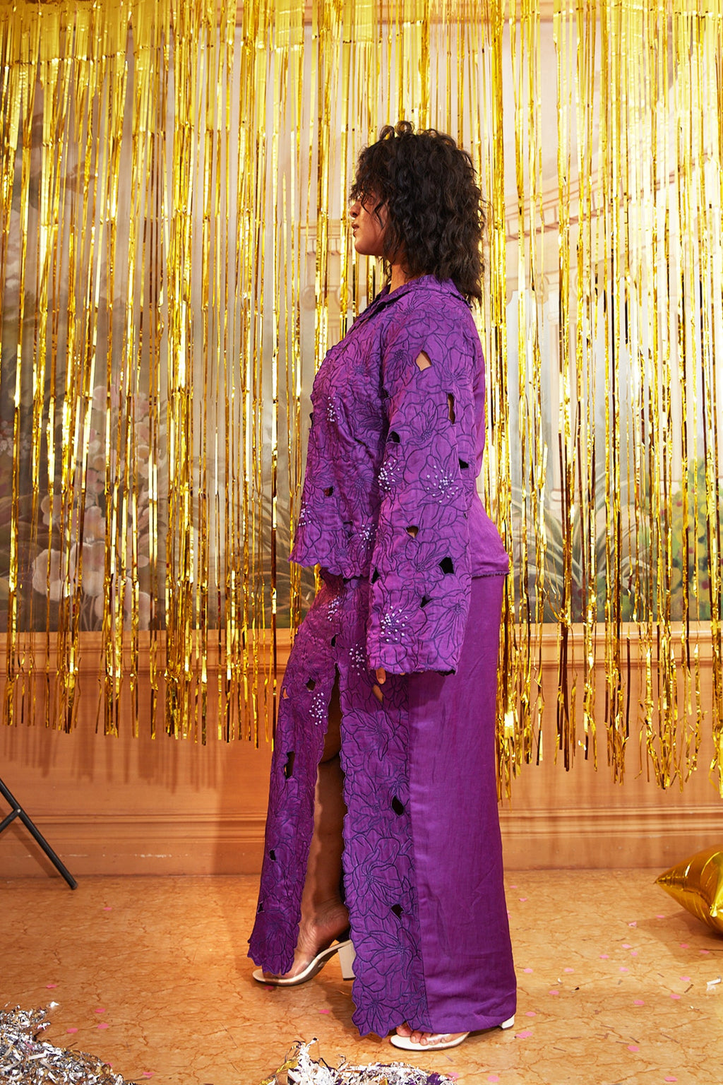 Purple Silk Jacket With Skirt Co-Ord Set at Kamakhyaa by Chambray & Co.. This item is Chambray & Co, Complete Sets, Embroidered, Moon Child, Natural, Party Wear, Purple, Regular Fit, Silk, Top Skirt Sets, Womenswear