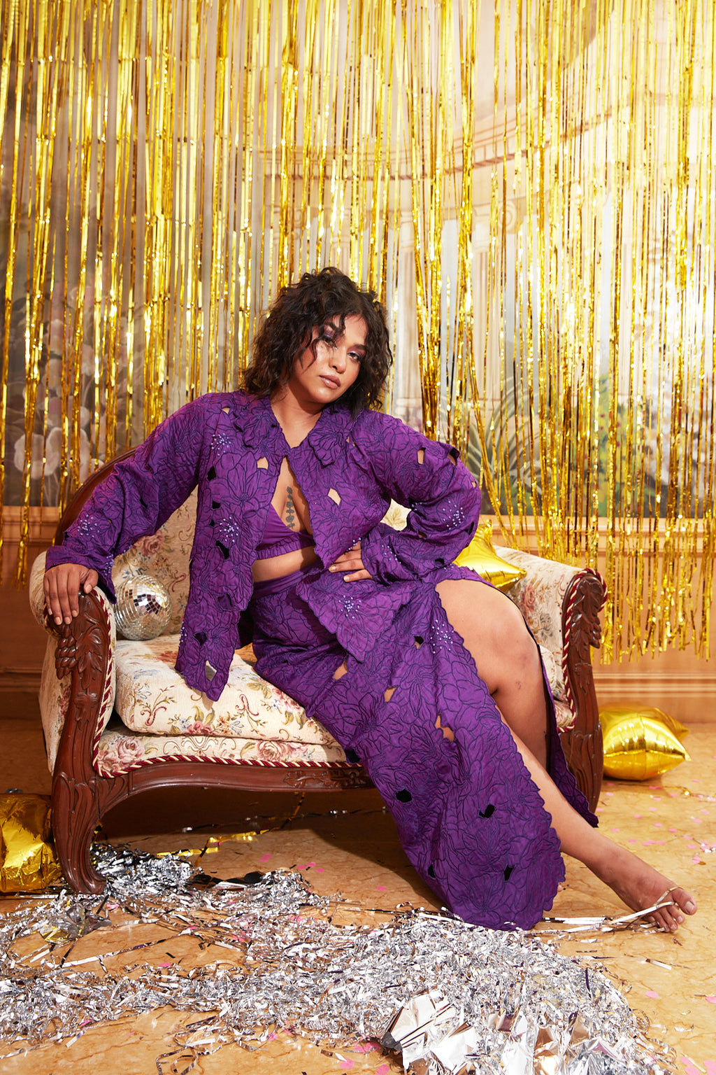 Purple Silk Jacket With Skirt Co-Ord Set at Kamakhyaa by Chambray & Co.. This item is Chambray & Co, Complete Sets, Embroidered, Moon Child, Natural, Party Wear, Purple, Regular Fit, Silk, Top Skirt Sets, Womenswear