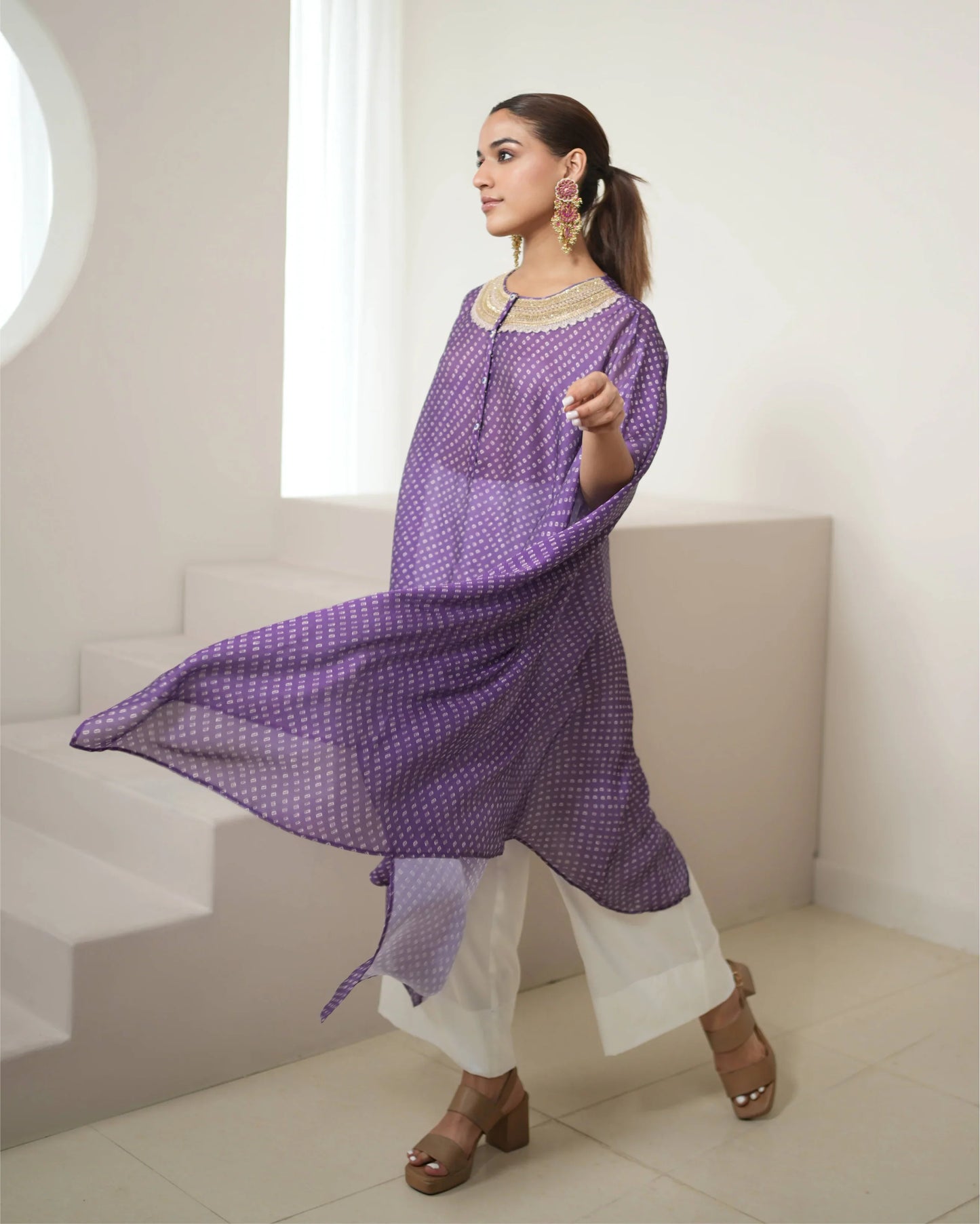 Purple Tunic Style Silk Kurta Pant Set at Kamakhyaa by Mayura Kumar. This item is Bandhej, Bandhej Bandhini Mixology by Mayura Kumar, Dry clean, Festive Wear, Purple, Relaxed Fit, Satin Silk, Tie-Dye