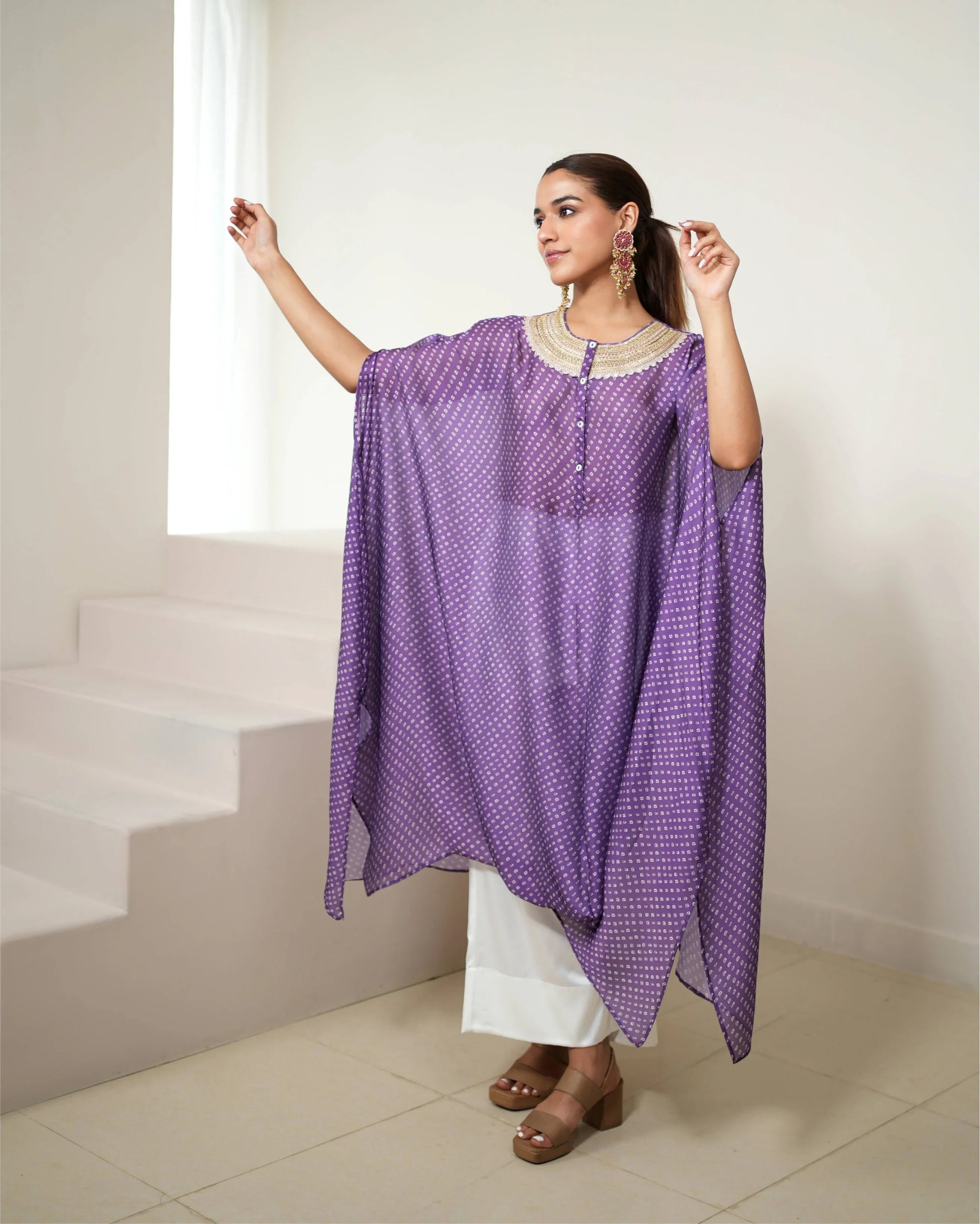 Purple Tunic Style Silk Kurta Pant Set at Kamakhyaa by Mayura Kumar. This item is Bandhej, Bandhej Bandhini Mixology by Mayura Kumar, Dry clean, Festive Wear, Purple, Relaxed Fit, Satin Silk, Tie-Dye