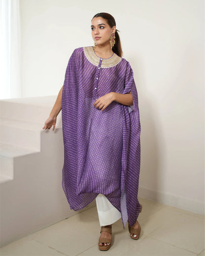 Purple Tunic Style Silk Kurta Pant Set at Kamakhyaa by Mayura Kumar. This item is Bandhej, Bandhej Bandhini Mixology by Mayura Kumar, Dry clean, Festive Wear, Purple, Relaxed Fit, Satin Silk, Tie-Dye