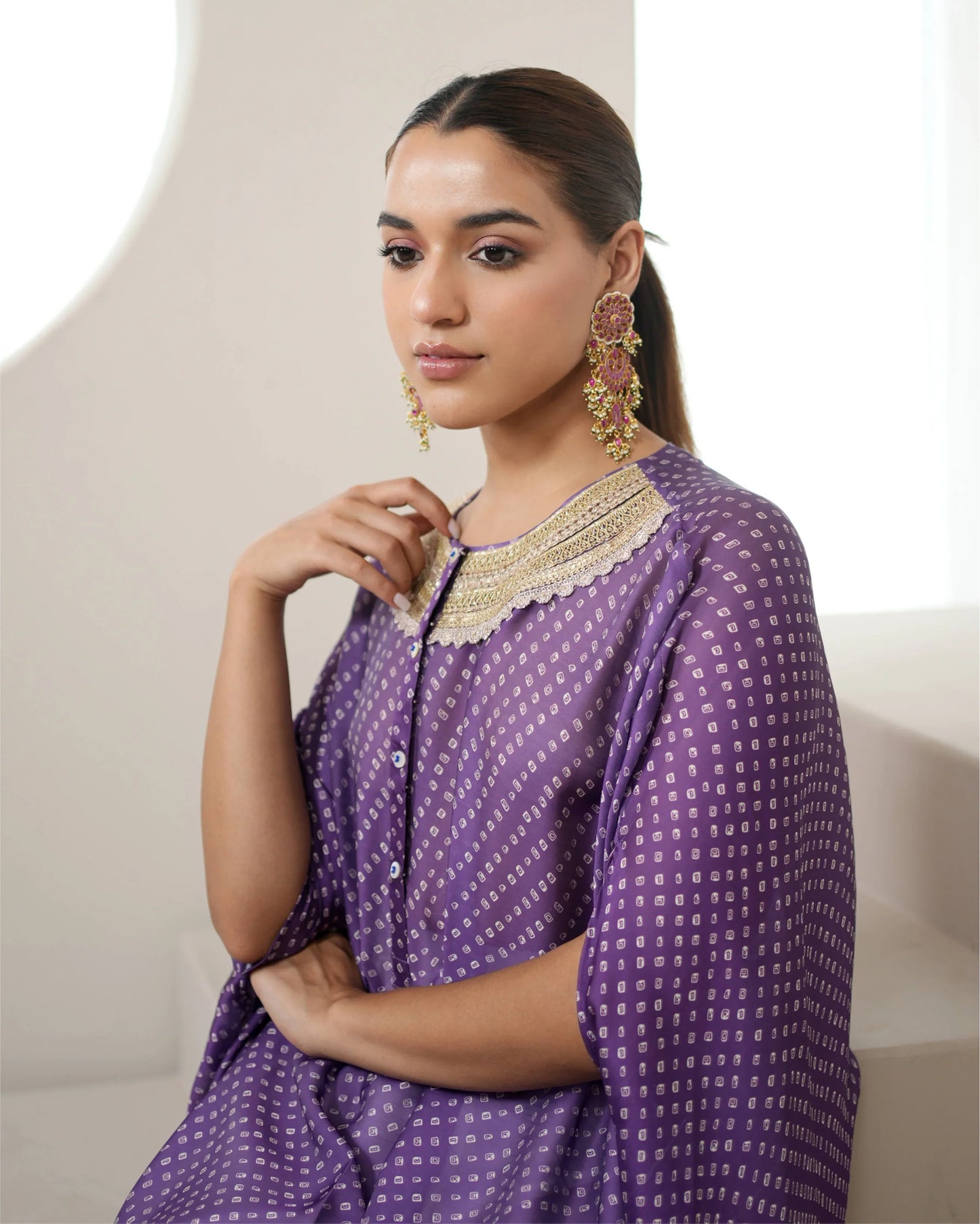 Purple Tunic Style Silk Kurta Pant Set at Kamakhyaa by Mayura Kumar. This item is Bandhej, Bandhej Bandhini Mixology by Mayura Kumar, Dry clean, Festive Wear, Purple, Relaxed Fit, Satin Silk, Tie-Dye