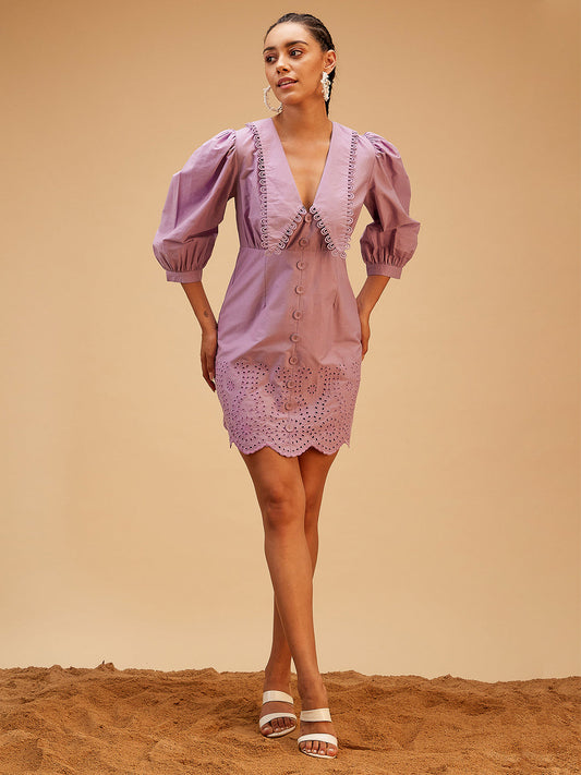 Purple V-neck Dress at Kamakhyaa by Bohobi. This item is Cotton, Evening Wear, Mini Dresses, Purple, Regular Fit, Solids, Toxin free
