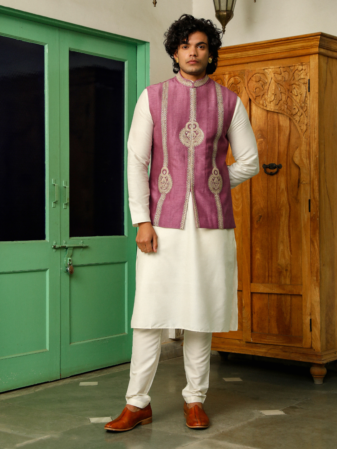 Purple Zari Embroidered Chanderi Silk Jacket at Kamakhyaa by RoohbyRidhimaa. This item is Aangan By RoohbyRidhimaa, Ambani, Chanderi Silk, Diwali 2024, Diwali Wear, Eid Special, Eid Wear, Festive Wear, Indian Wear, Jackets, Men Jackets, Men Overlays, Menswear, Menswear By RoohbyRidhimaa, missing, Purple, Regular Fit, Sangeet Function, Silk Chanderi, Traditional Wear, Wedding Wear, Winter Products, Zari Embroidery