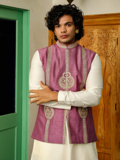 Purple Zari Embroidered Chanderi Silk Jacket at Kamakhyaa by RoohbyRidhimaa. This item is Aangan By RoohbyRidhimaa, Chanderi Silk, Festive Wear, Jackets, Men Jackets, Menswear By RoohbyRidhimaa, Purple, Regular Fit, Silk Chanderi, Zari Embroidered