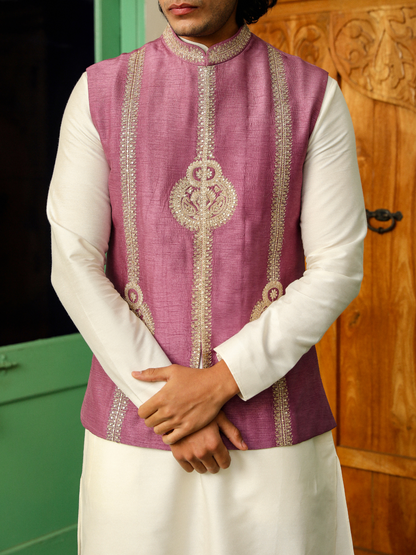 Purple Zari Embroidered Chanderi Silk Jacket at Kamakhyaa by RoohbyRidhimaa. This item is Aangan By RoohbyRidhimaa, Chanderi Silk, Festive Wear, Jackets, Men Jackets, Menswear By RoohbyRidhimaa, Purple, Regular Fit, Silk Chanderi, Zari Embroidered