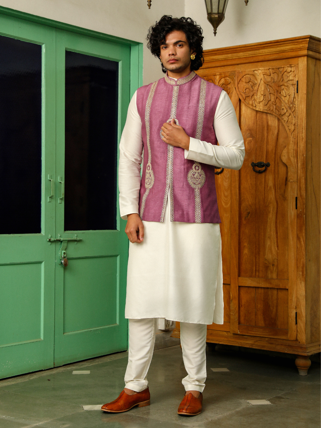 Purple Zari Embroidered Chanderi Silk Jacket at Kamakhyaa by RoohbyRidhimaa. This item is Aangan By RoohbyRidhimaa, Chanderi Silk, Festive Wear, Jackets, Men Jackets, Menswear By RoohbyRidhimaa, Purple, Regular Fit, Silk Chanderi, Zari Embroidered