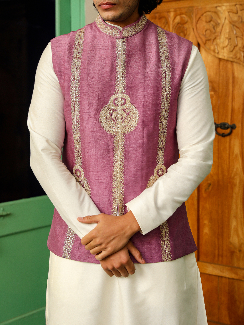Purple Zari Embroidered Chanderi Silk Jacket at Kamakhyaa by RoohbyRidhimaa. This item is Aangan By RoohbyRidhimaa, Ambani, Chanderi Silk, Diwali 2024, Diwali Wear, Eid Special, Eid Wear, Festive Wear, Indian Wear, Jackets, Men Jackets, Men Overlays, Menswear, Menswear By RoohbyRidhimaa, missing, Purple, Regular Fit, Sangeet Function, Silk Chanderi, Traditional Wear, Wedding Wear, Winter Products, Zari Embroidery