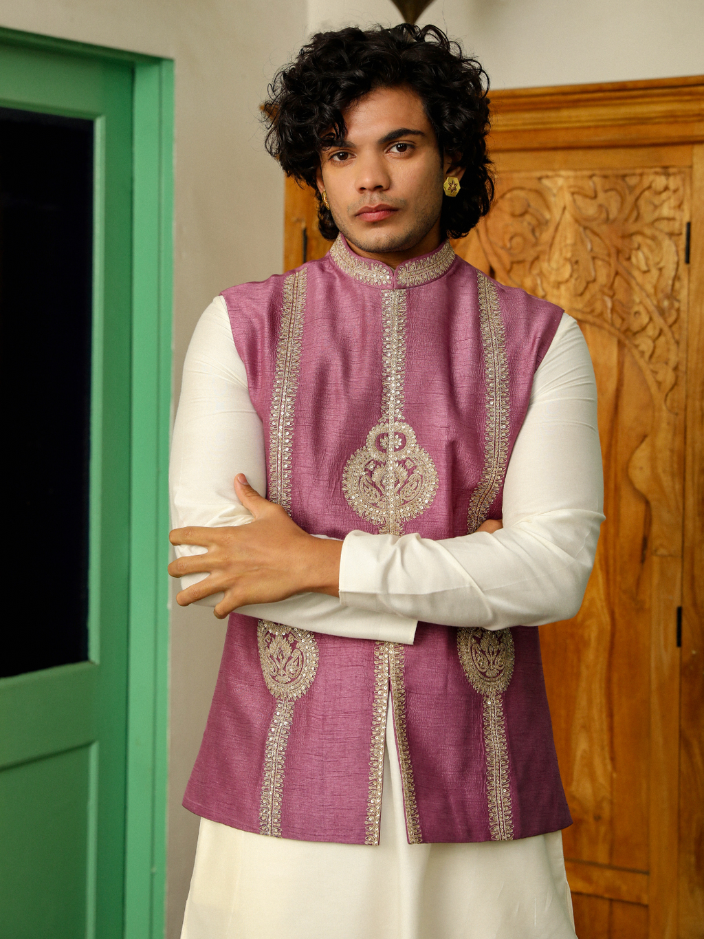 Purple Zari Embroidered Chanderi Silk Jacket at Kamakhyaa by RoohbyRidhimaa. This item is Aangan By RoohbyRidhimaa, Ambani, Chanderi Silk, Diwali 2024, Diwali Wear, Eid Special, Eid Wear, Festive Wear, Indian Wear, Jackets, Men Jackets, Men Overlays, Menswear, Menswear By RoohbyRidhimaa, missing, Purple, Regular Fit, Sangeet Function, Silk Chanderi, Traditional Wear, Wedding Wear, Winter Products, Zari Embroidery