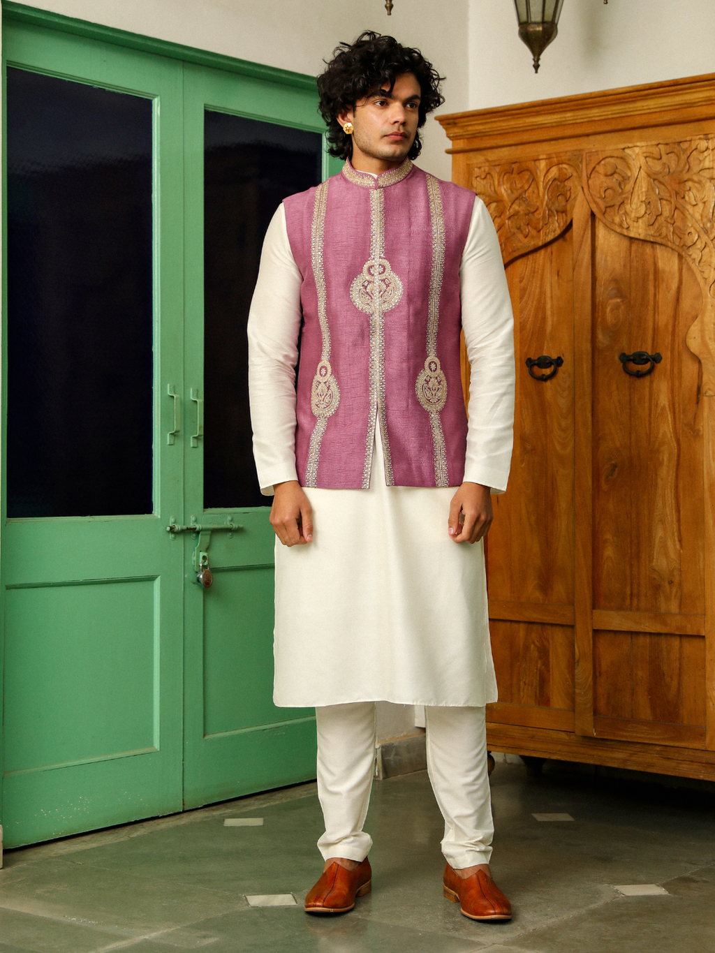 Purple Zari Embroidered Chanderi Silk Jacket at Kamakhyaa by RoohbyRidhimaa. This item is Aangan By RoohbyRidhimaa, Ambani, Chanderi Silk, Diwali 2024, Diwali Wear, Eid Special, Eid Wear, Festive Wear, Indian Wear, Jackets, Men Jackets, Men Overlays, Menswear, Menswear By RoohbyRidhimaa, missing, Purple, Regular Fit, Sangeet Function, Silk Chanderi, Traditional Wear, Wedding Wear, Winter Products, Zari Embroidery