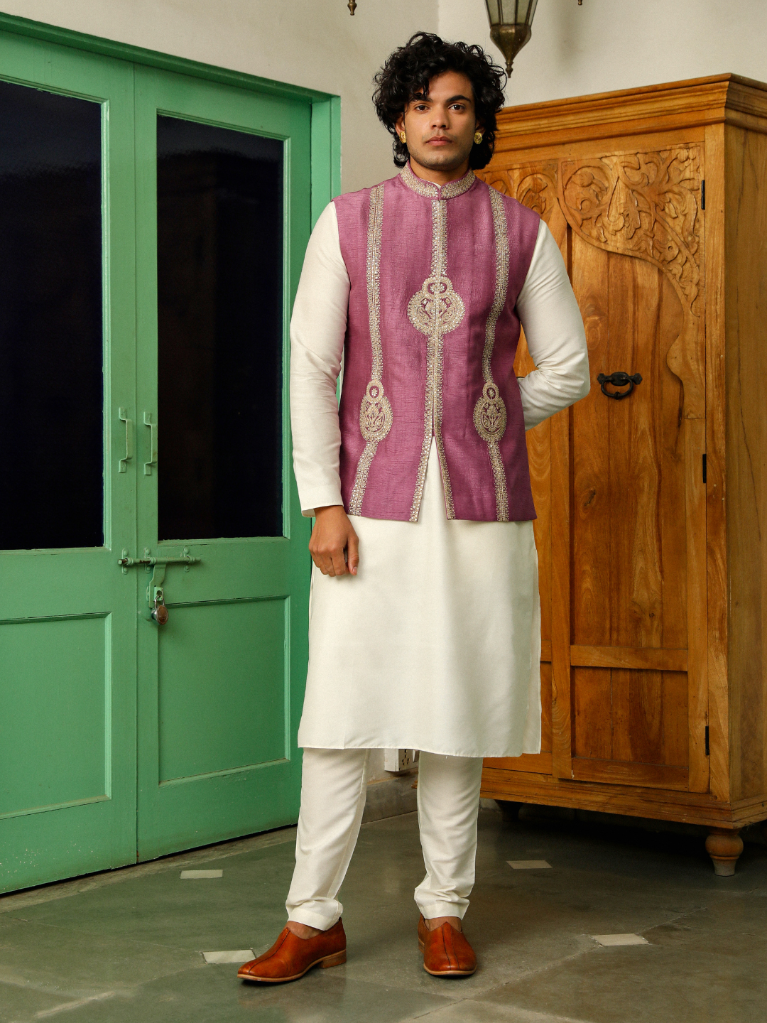 Purple Zari Embroidered Chanderi Silk Jacket at Kamakhyaa by RoohbyRidhimaa. This item is Aangan By RoohbyRidhimaa, Chanderi Silk, Festive Wear, Jackets, Men Jackets, Menswear By RoohbyRidhimaa, Purple, Regular Fit, Silk Chanderi, Zari Embroidered