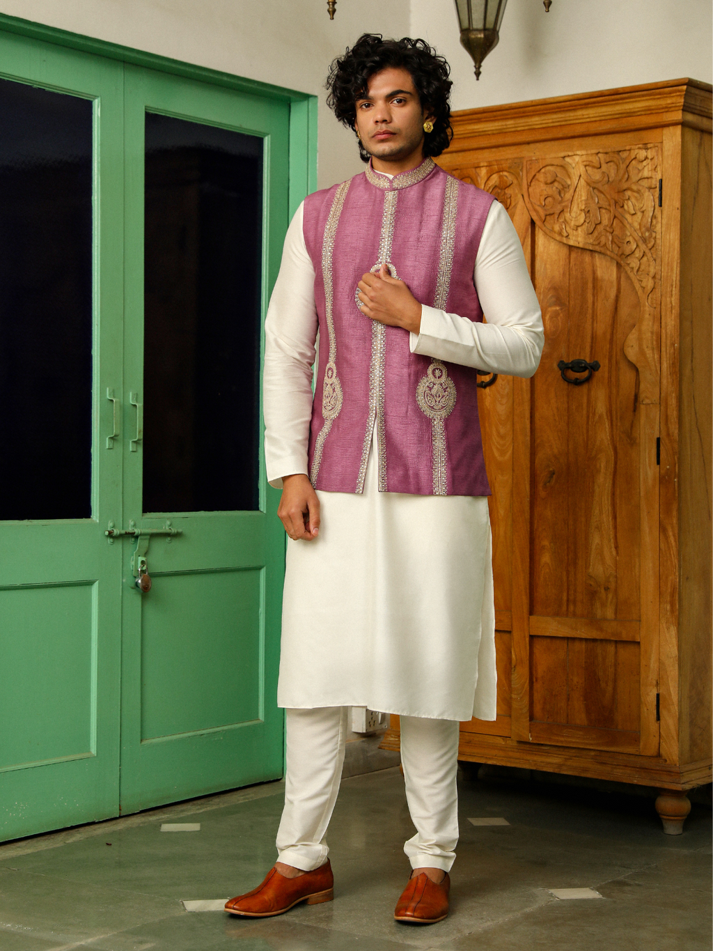 Purple Zari Embroidered Chanderi Silk Jacket at Kamakhyaa by RoohbyRidhimaa. This item is Aangan By RoohbyRidhimaa, Ambani, Chanderi Silk, Diwali 2024, Diwali Wear, Eid Special, Eid Wear, Festive Wear, Indian Wear, Jackets, Men Jackets, Men Overlays, Menswear, Menswear By RoohbyRidhimaa, missing, Purple, Regular Fit, Sangeet Function, Silk Chanderi, Traditional Wear, Wedding Wear, Winter Products, Zari Embroidery