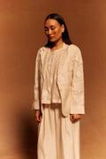 Rain Organza Blazer at Kamakhyaa by Ahmev. This item is Blazer, Cotton Silk, Embroidered, Ivory, Jacket, Maximum Minimum by Ahmev, Missing image, Office Wear, Relaxed Fit, Silk Organza, Womenswear