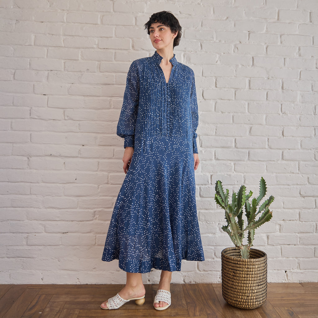 Raindrop at Kamakhyaa by Taro. This item is Artisan made, Blue, Cotton Mulmul, Handblock Printed, Midi Dresses, Under $50, Whispers of Summer by Taro