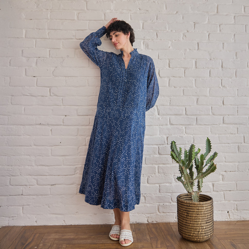 Raindrop at Kamakhyaa by Taro. This item is Artisan made, Blue, Cotton Mulmul, Handblock Printed, Midi Dresses, Under $50, Whispers of Summer by Taro