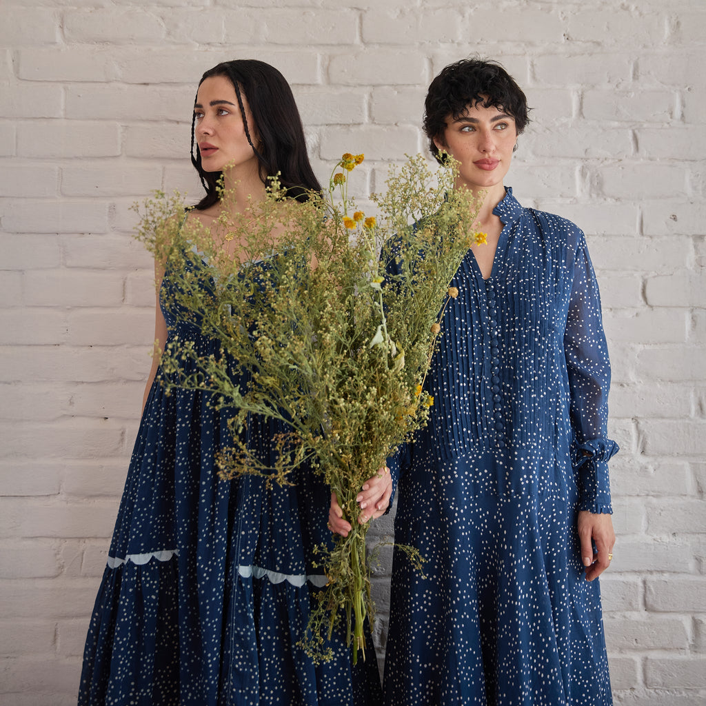 Raindrop at Kamakhyaa by Taro. This item is Artisan made, Blue, Cotton Mulmul, Handblock Printed, Midi Dresses, Under $50, Whispers of Summer by Taro