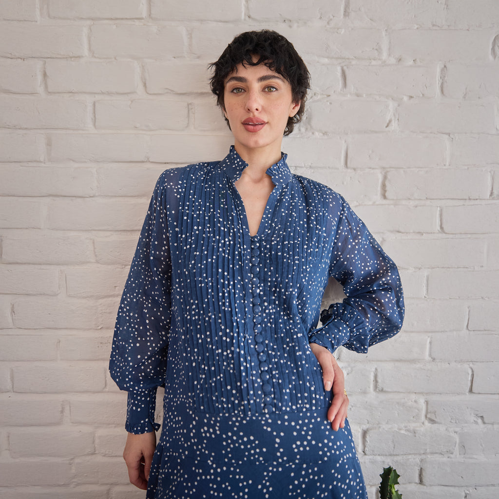 Raindrop at Kamakhyaa by Taro. This item is Artisan made, Blue, Cotton Mulmul, Handblock Printed, Midi Dresses, Under $50, Whispers of Summer by Taro