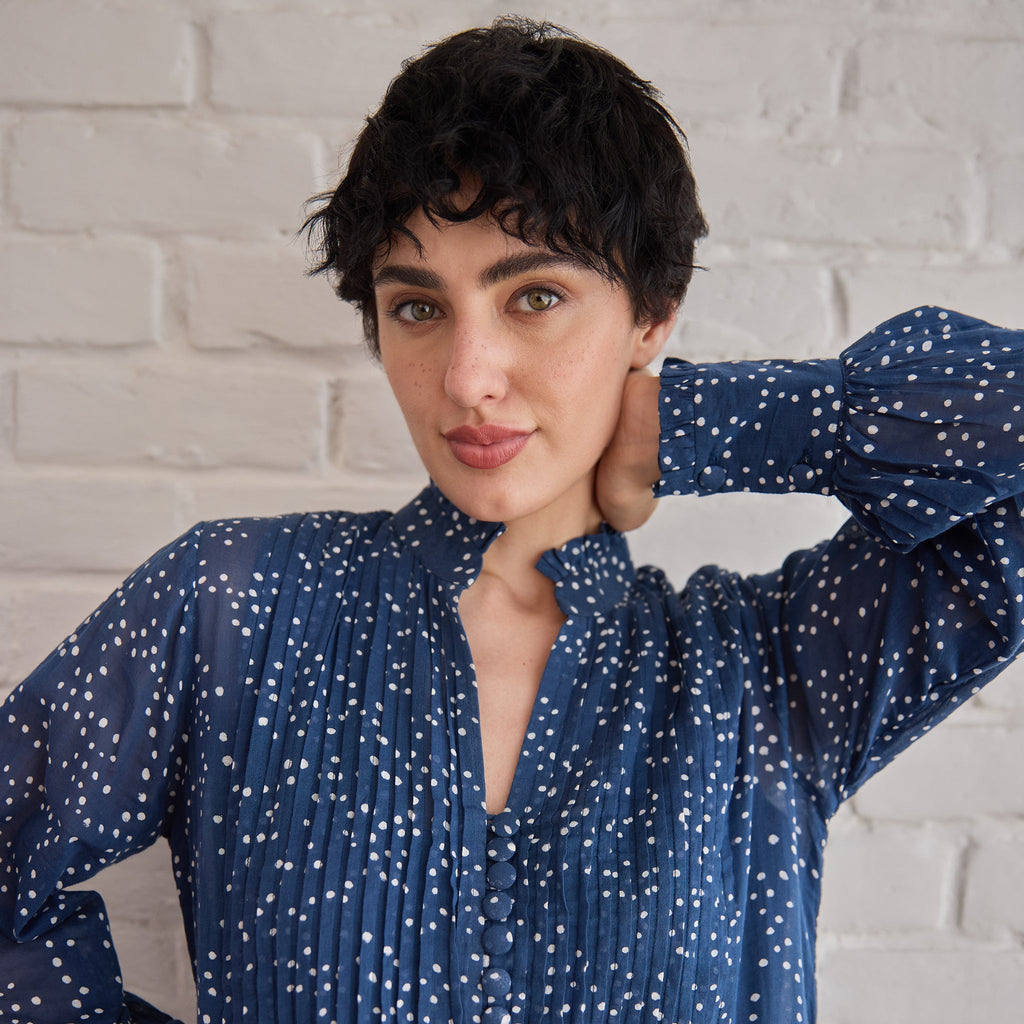 Raindrop at Kamakhyaa by Taro. This item is Artisan made, Blue, Cotton Mulmul, Handblock Printed, Midi Dresses, Under $50, Whispers of Summer by Taro