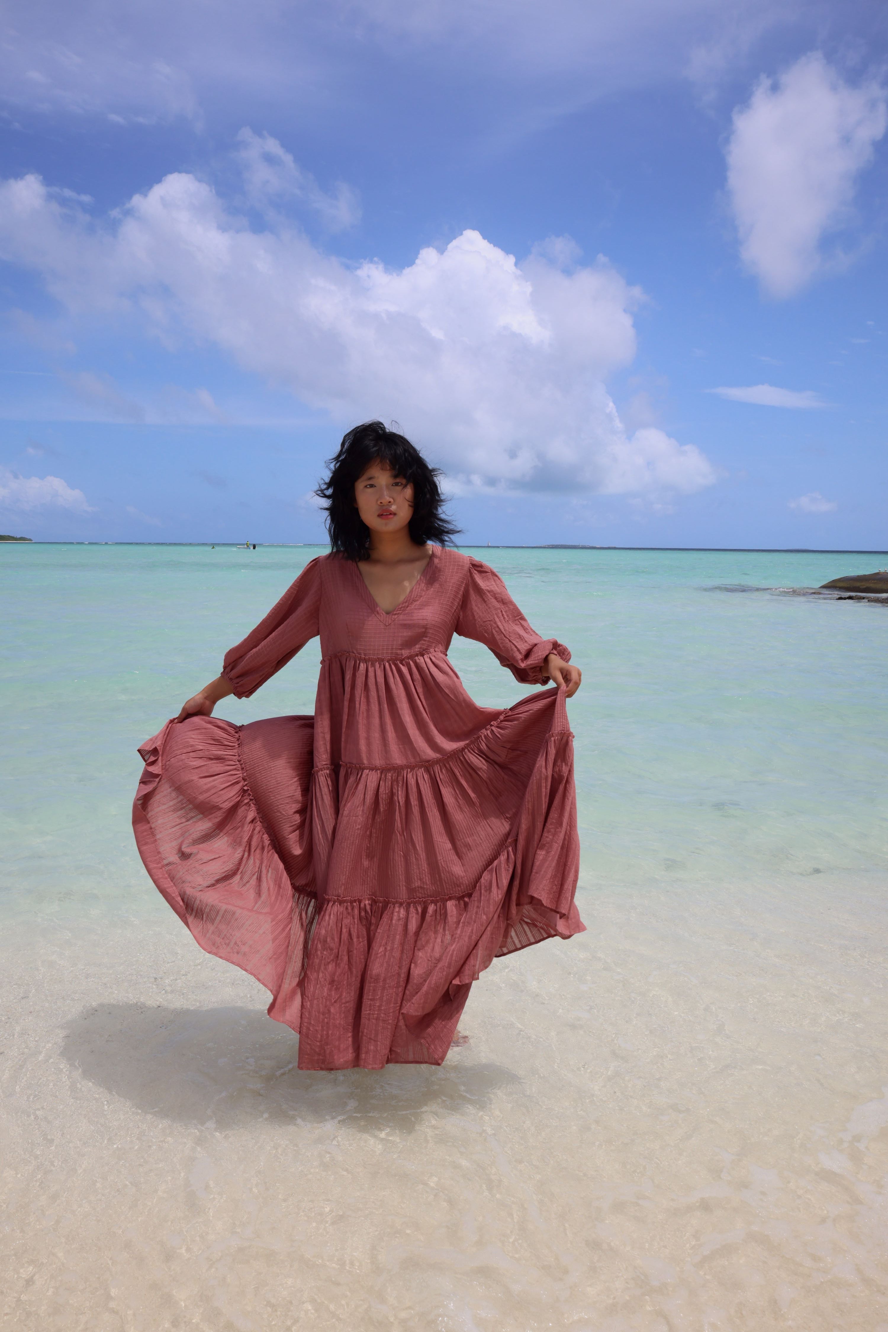 Recycled Cotton Pink Maxi Tiered Dress at Kamakhyaa by Raas. This item is Azo Free Dyes, Cotton, Layla, Maxi Dresses, Pink, Recycled, Relaxed Fit, Resort Wear, Solids, Tiered Dresses, Womenswear