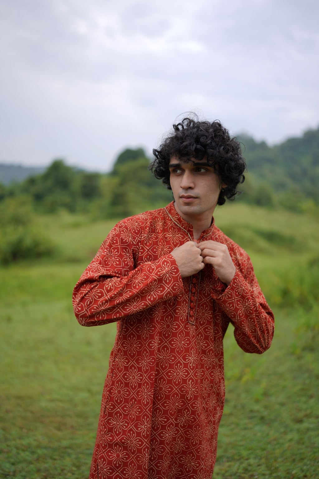 Red Ajrakh Floral Kurta for Men at Kamakhyaa by Hasttvam. This item is Console Collection List, Cotton, Festive Wear, Floral, Handmade by Artisans, missing, Natural dyes, Rang by Hasttvam, Red, Relaxed Fit