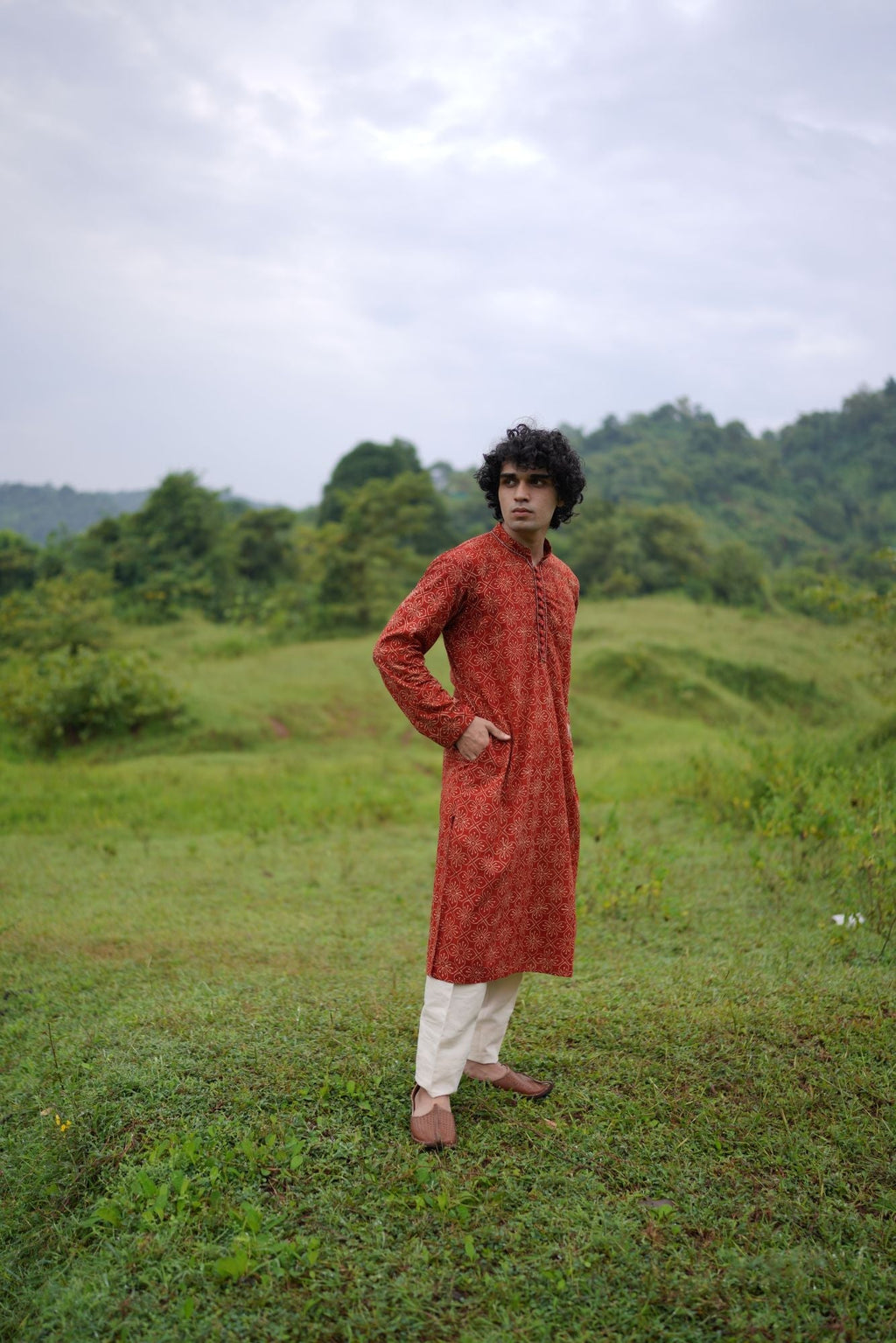 Red Ajrakh Floral Kurta for Men at Kamakhyaa by Hasttvam. This item is Console Collection List, Cotton, Festive Wear, Floral, Handmade by Artisans, missing, Natural dyes, Rang by Hasttvam, Red, Relaxed Fit