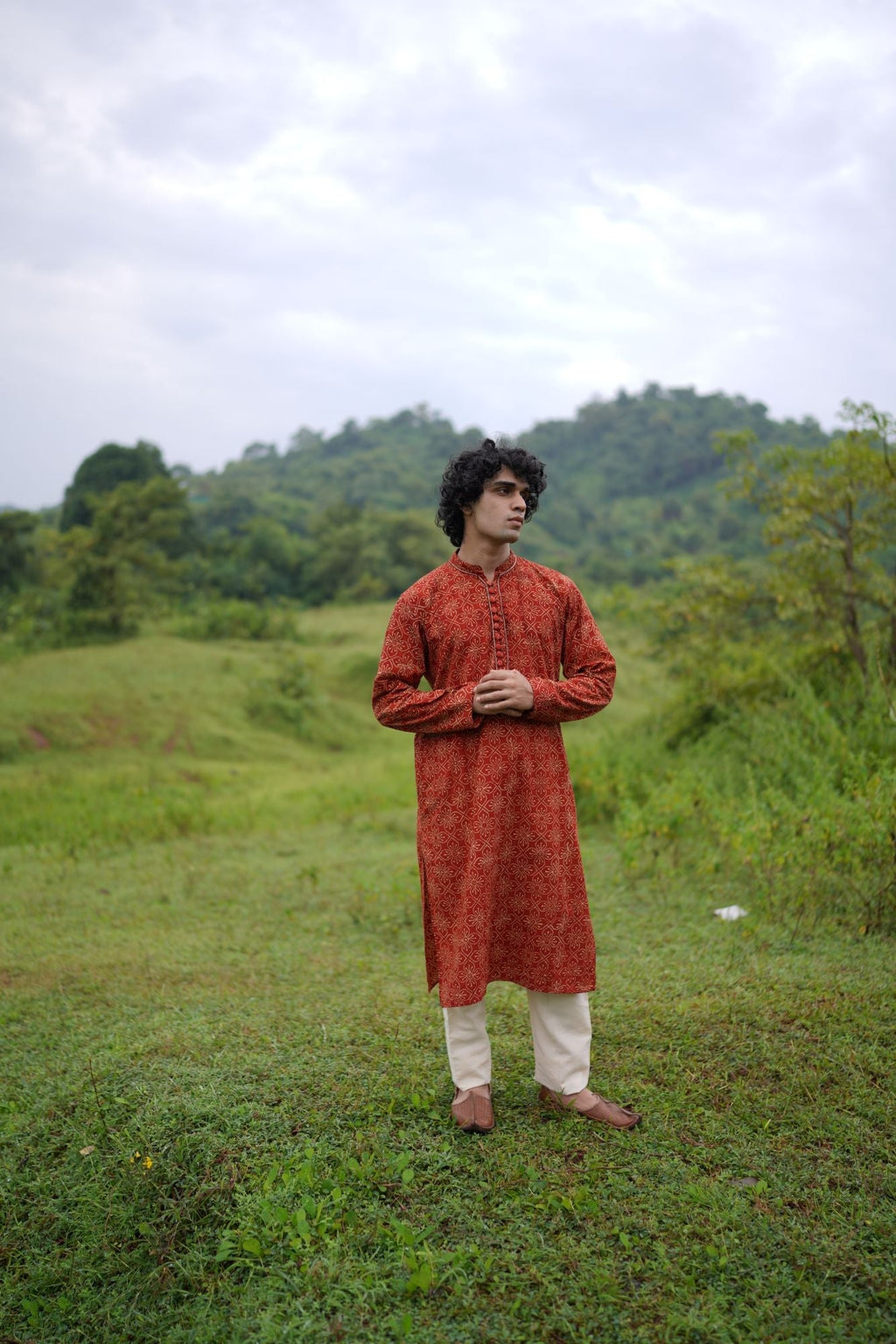 Red Ajrakh Floral Kurta for Men at Kamakhyaa by Hasttvam. This item is Console Collection List, Cotton, Festive Wear, Floral, Handmade by Artisans, missing, Natural dyes, Rang by Hasttvam, Red, Relaxed Fit
