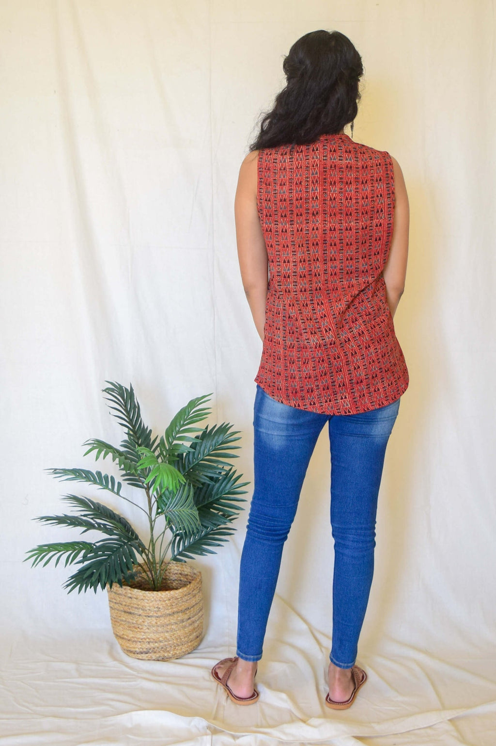 Red Ajrakh Kala Cotton Sleeveless Top at Kamakhyaa by Hasttvam. This item is Ajrakh, Cotton, Everyday Edit by Hasttvam, missing, Red, Relaxed Fit, Womenswear