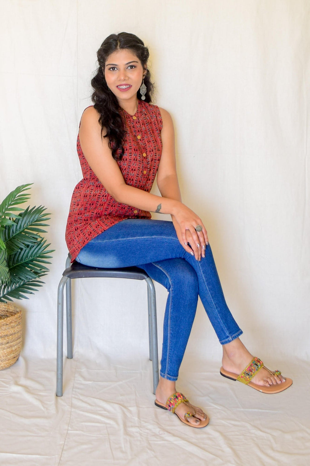 Red Ajrakh Kala Cotton Sleeveless Top at Kamakhyaa by Hasttvam. This item is Ajrakh, Cotton, Everyday Edit by Hasttvam, missing, Red, Relaxed Fit, Womenswear