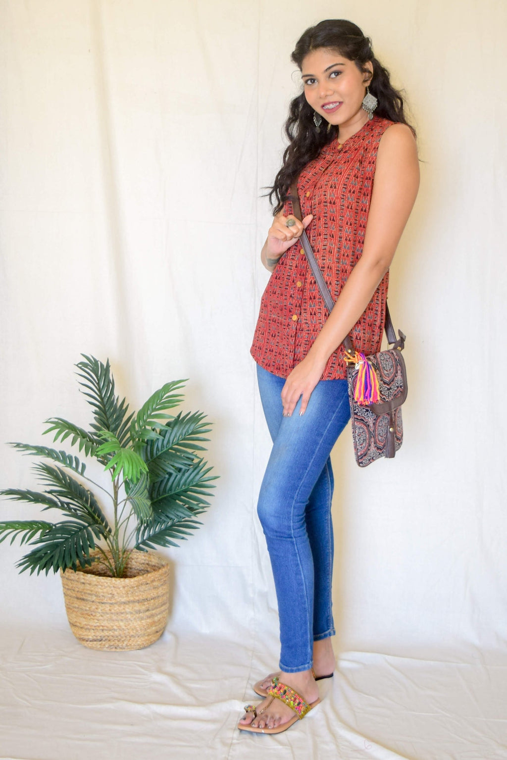 Red Ajrakh Kala Cotton Sleeveless Top at Kamakhyaa by Hasttvam. This item is Ajrakh, Cotton, Everyday Edit by Hasttvam, missing, Red, Relaxed Fit, Womenswear