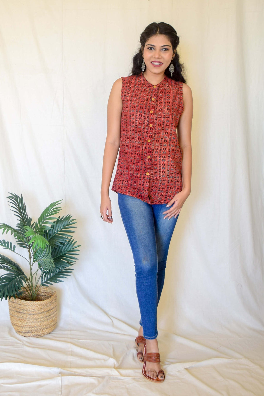 Red Ajrakh Kala Cotton Sleeveless Top at Kamakhyaa by Hasttvam. This item is Ajrakh, Cotton, Everyday Edit by Hasttvam, missing, Red, Relaxed Fit, Womenswear