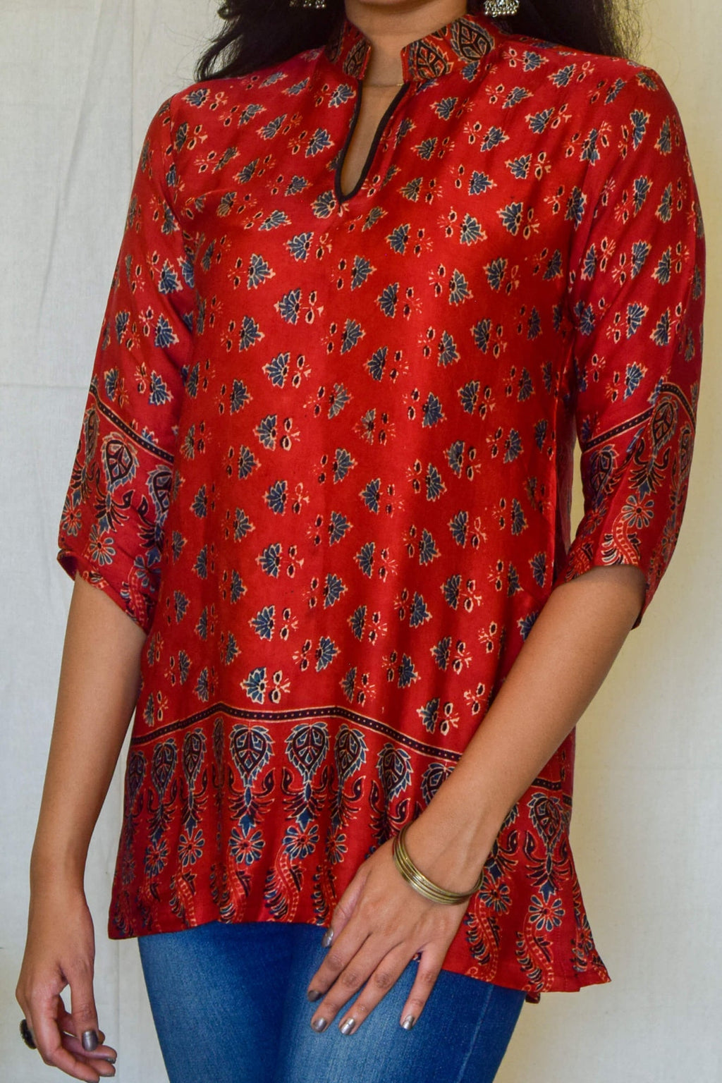 Red Ajrakh Modal Short Kurta at Kamakhyaa by Hasttvam. This item is Ajrakh, Cotton, Everyday Edit by Hasttvam, missing, Red, Relaxed Fit, Womenswear
