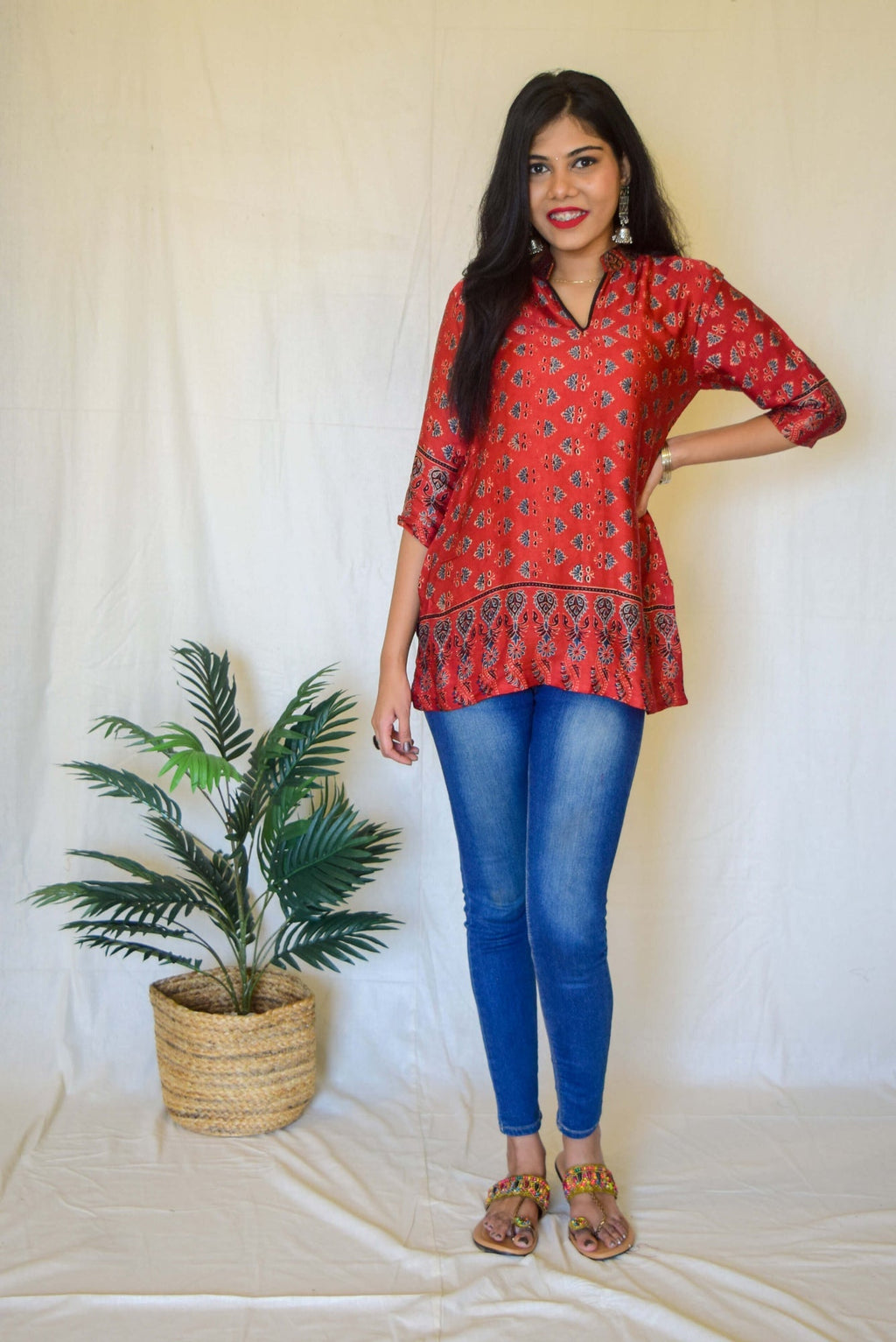 Red Ajrakh Modal Short Kurta at Kamakhyaa by Hasttvam. This item is Ajrakh, Cotton, Everyday Edit by Hasttvam, missing, Red, Relaxed Fit, Womenswear