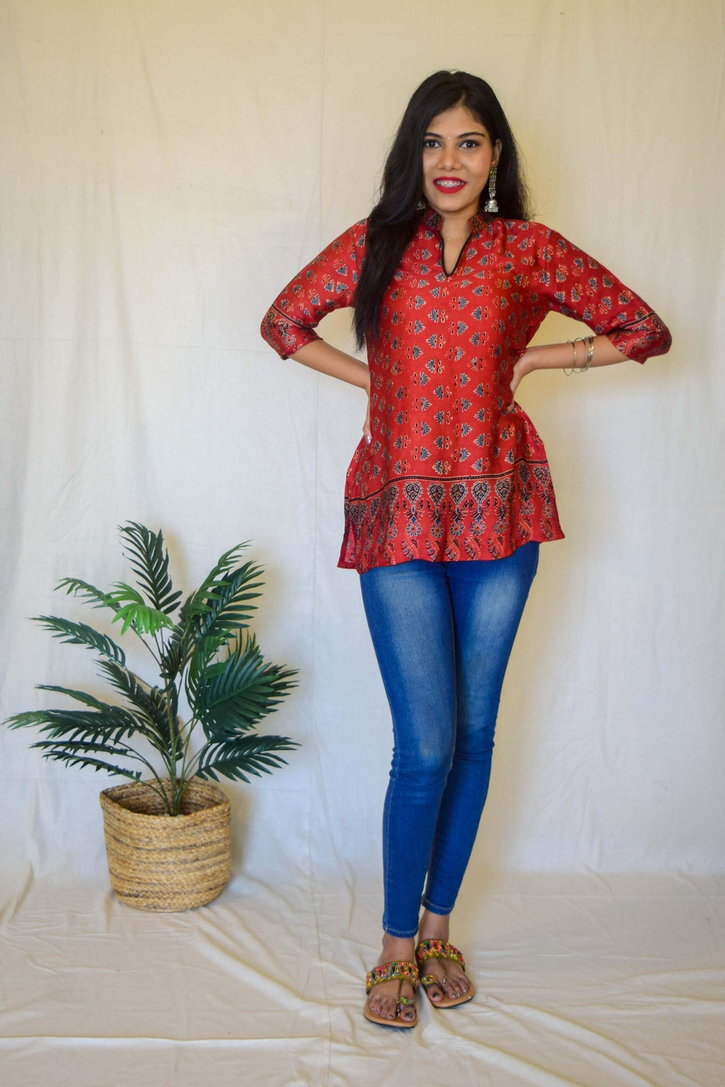 Red Ajrakh Modal Short Kurta at Kamakhyaa by Hasttvam. This item is Ajrakh, Cotton, Everyday Edit by Hasttvam, missing, Red, Relaxed Fit, Womenswear