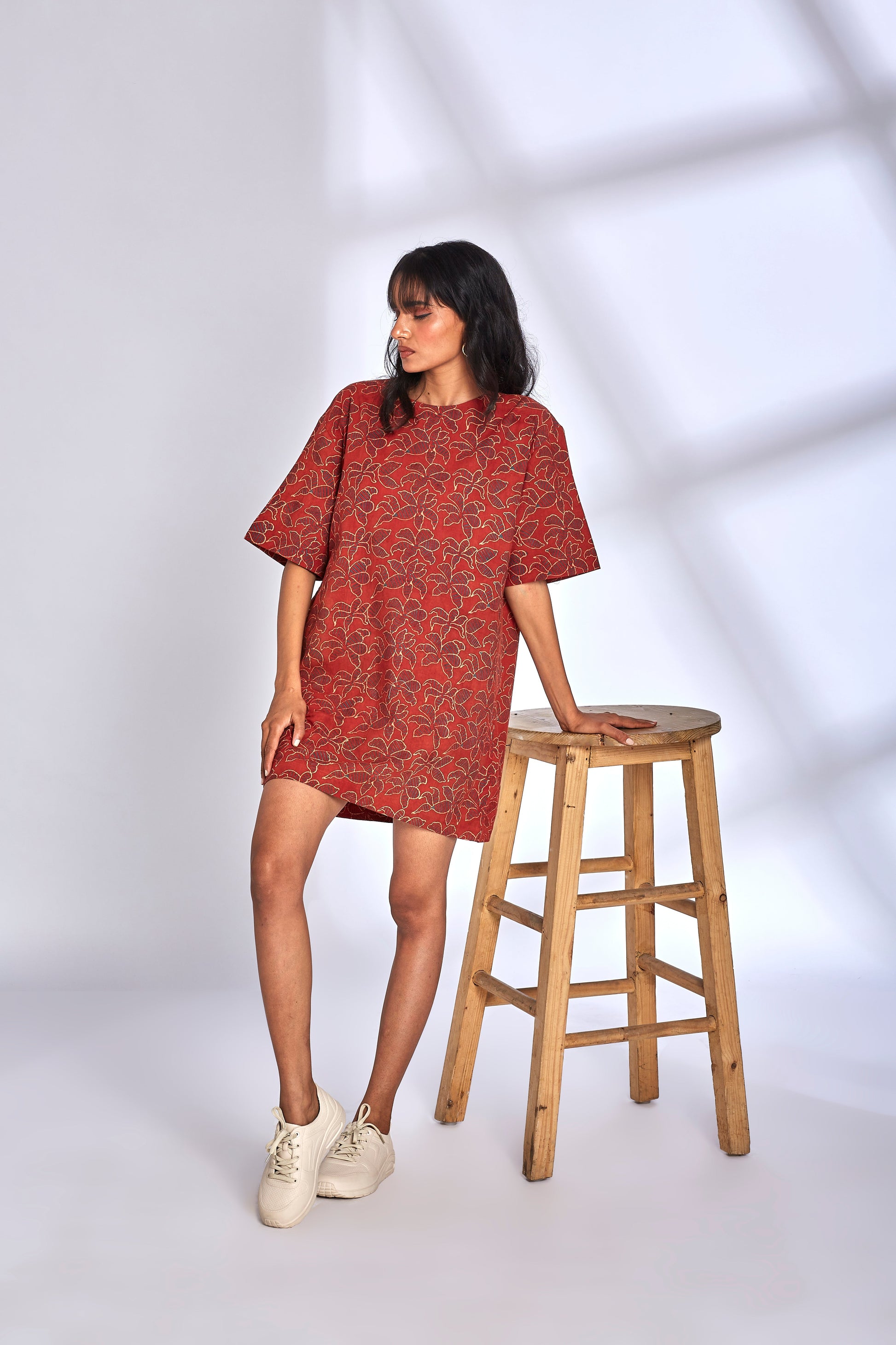 Red Ajrakh Printing Mini Dress at Kamakhyaa by Hasttvam. This item is Cotton, Floral, Fusion Wear, Natural dyes, Red, Relaxed Fit, Respondible production and Vegan