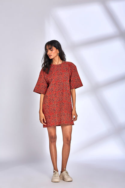 Red Ajrakh Printing Mini Dress at Kamakhyaa by Hasttvam. This item is Cotton, Floral, Fusion Wear, Natural dyes, Red, Relaxed Fit, Respondible production and Vegan