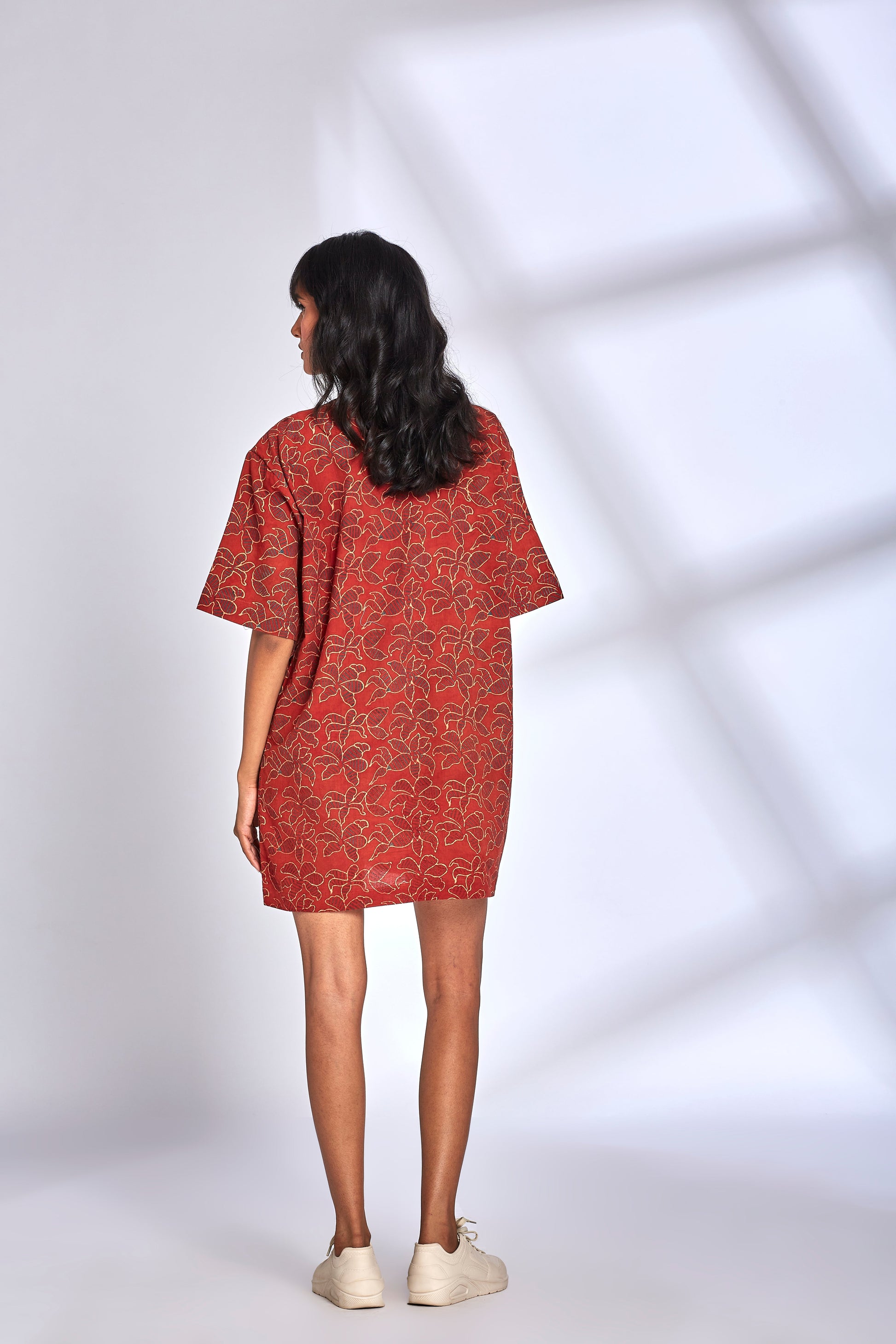 Red Ajrakh Printing Mini Dress at Kamakhyaa by Hasttvam. This item is Cotton, Floral, Fusion Wear, Natural dyes, Red, Relaxed Fit, Respondible production and Vegan