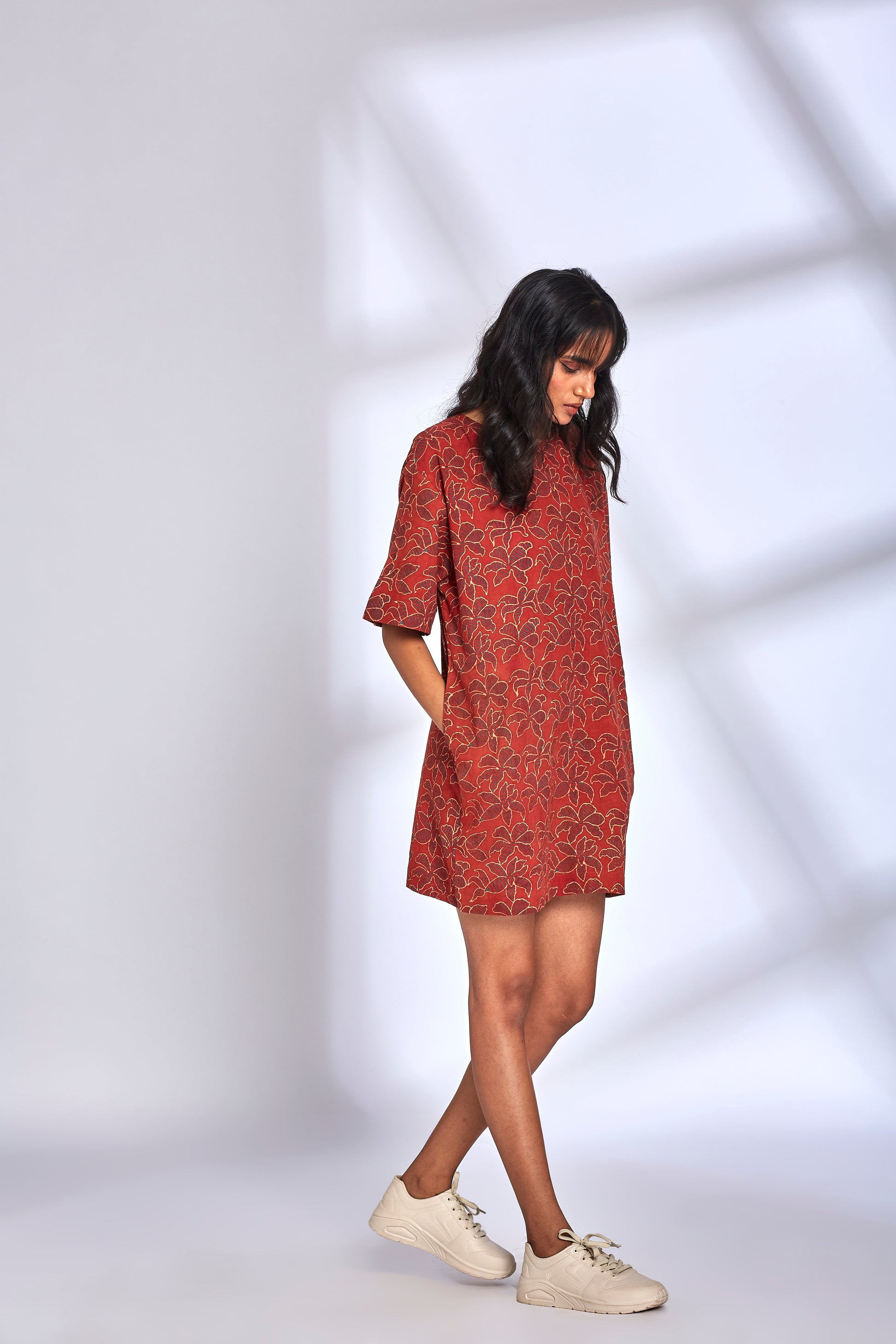 Red Ajrakh Printing Mini Dress at Kamakhyaa by Hasttvam. This item is Cotton, Floral, Fusion Wear, Natural dyes, Red, Relaxed Fit, Respondible production and Vegan