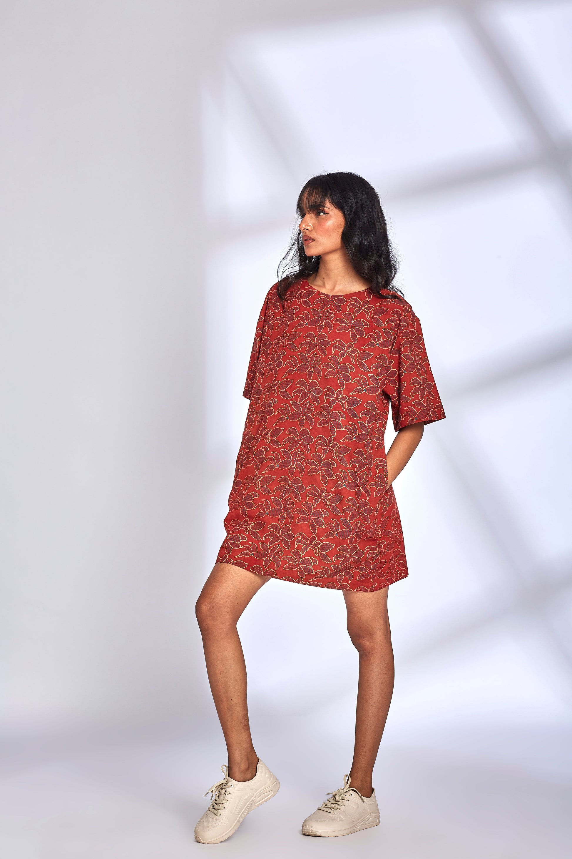 Red Ajrakh Printing Mini Dress at Kamakhyaa by Hasttvam. This item is Cotton, Floral, Fusion Wear, Natural dyes, Red, Relaxed Fit, Respondible production and Vegan