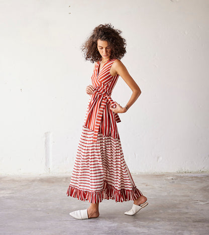 Red And Off White Stripped Mulmul Frilled Dress at Kamakhyaa by Khara Kapas. This item is An Indian Summer, Casual Wear, Dresses, Mulmul cotton, Off white, Orange, Organic, Relaxed Fit, Stripes, Womenswear