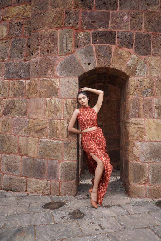 Red Block Printed Lehenga Set at Kamakhyaa by Hasttvam. This item is CottonFloralFestive WearRedHandmade by artisans, Festive Wear, Natural dyes, Relaxed Fit, Respondible production and Vegan