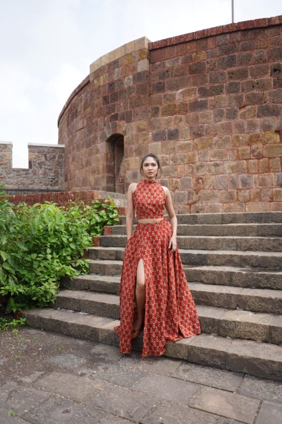 Red Block Printed Lehenga Set at Kamakhyaa by Hasttvam. This item is CottonFloralFestive WearRedHandmade by artisans, Festive Wear, Natural dyes, Relaxed Fit, Respondible production and Vegan