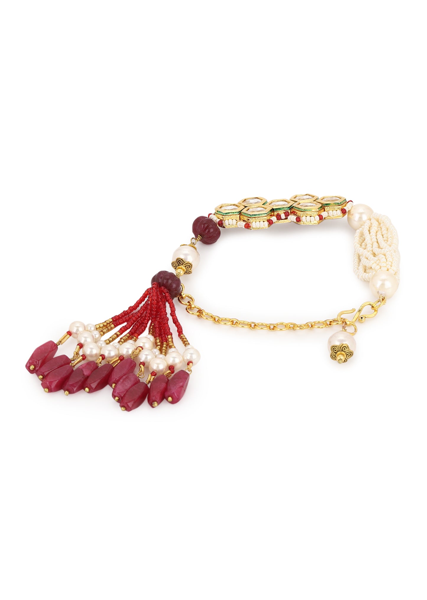 Red Bracelet Kashti Tassel at Kamakhyaa by House Of Heer. This item is Add Ons, Alloy Metal, Bracelets, Festive Jewellery, Festive Wear, Free Size, jewelry, July Sale, July Sale 2023, Less than $50, Natural, Pearl, Red, Textured