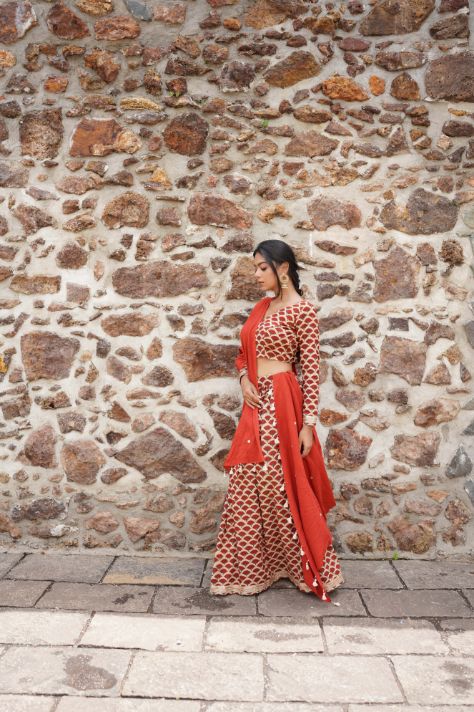 Red Butta Block Printing Lehenga Set at Kamakhyaa by Hasttvam. This item is Relaxed Fit